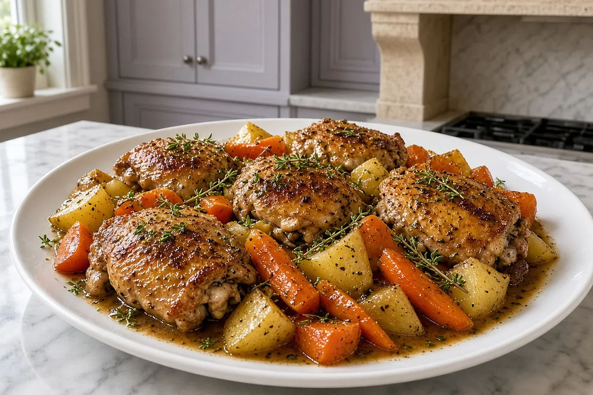 Crock pot garlic butter chicken thighs with carrots and potatoes on a white platter in a lavender gray kitchen