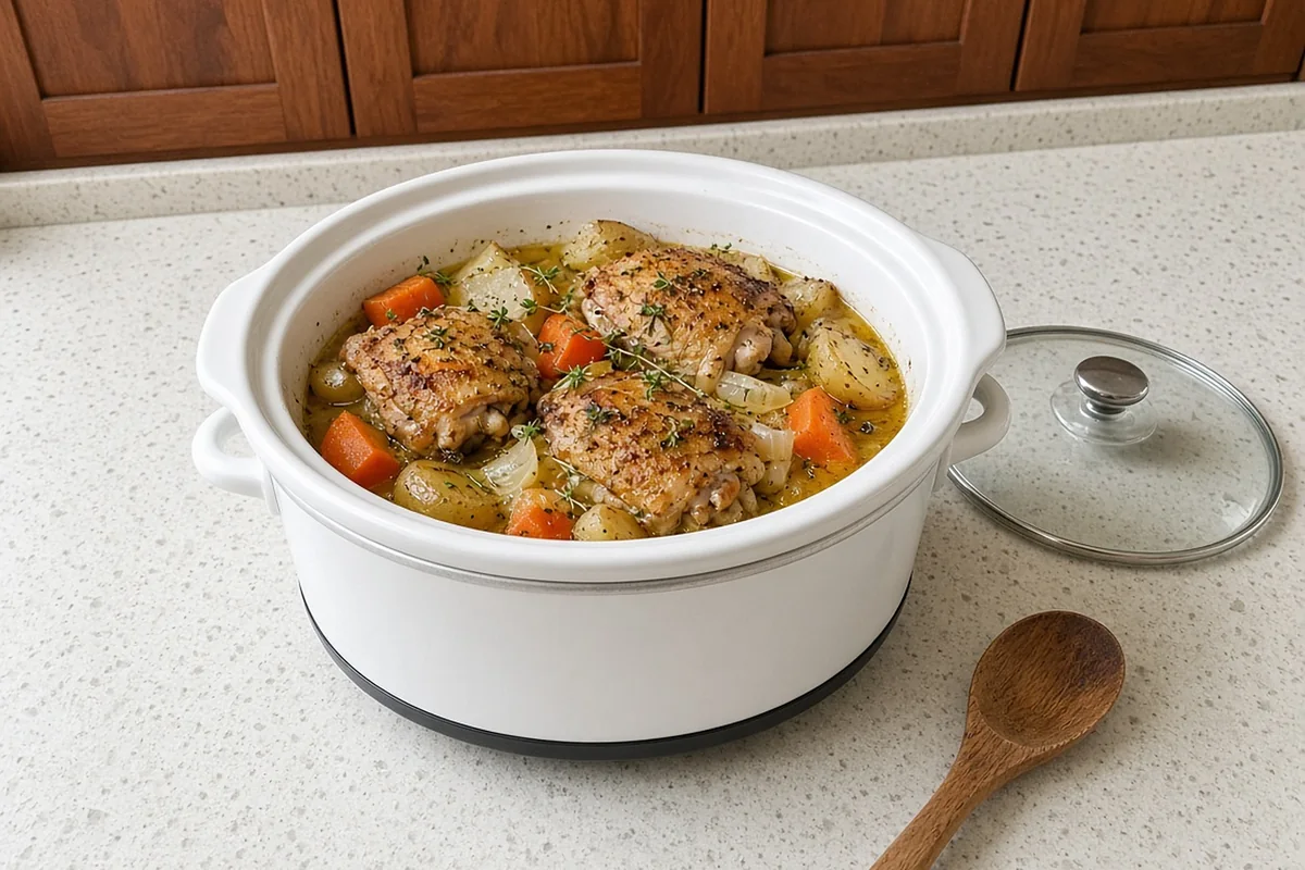 White slow cooker of garlic butter chicken thighs with carrots, potatoes and onion on a counter by cherry wood cabinets