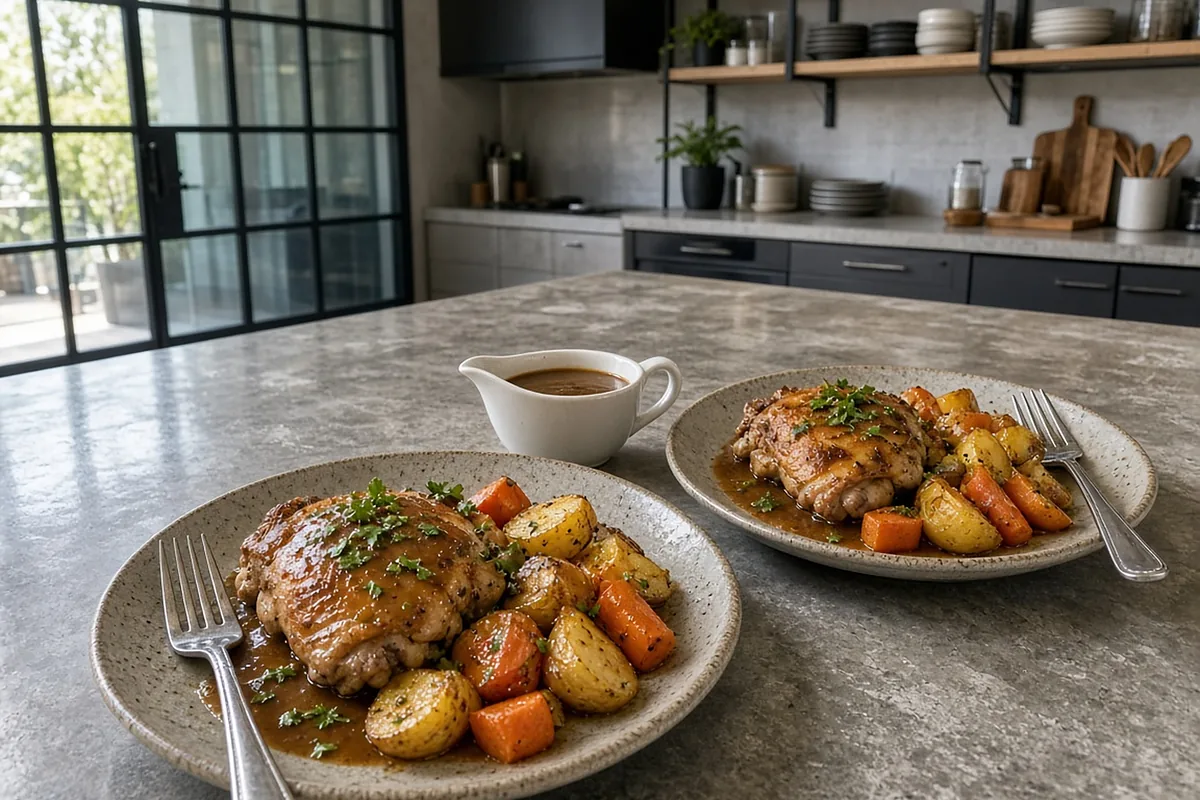 Two plates of garlic butter chicken with carrots, potatoes and gravy on a concrete island in a loft kitchen