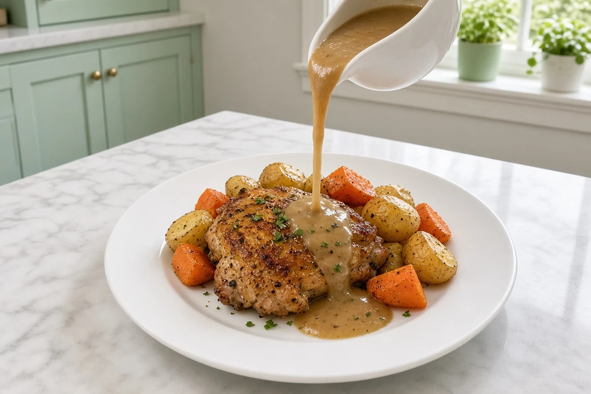 Gravy poured from a white gravy boat over garlic butter chicken with carrots and potatoes in a mint green cottage kitchen