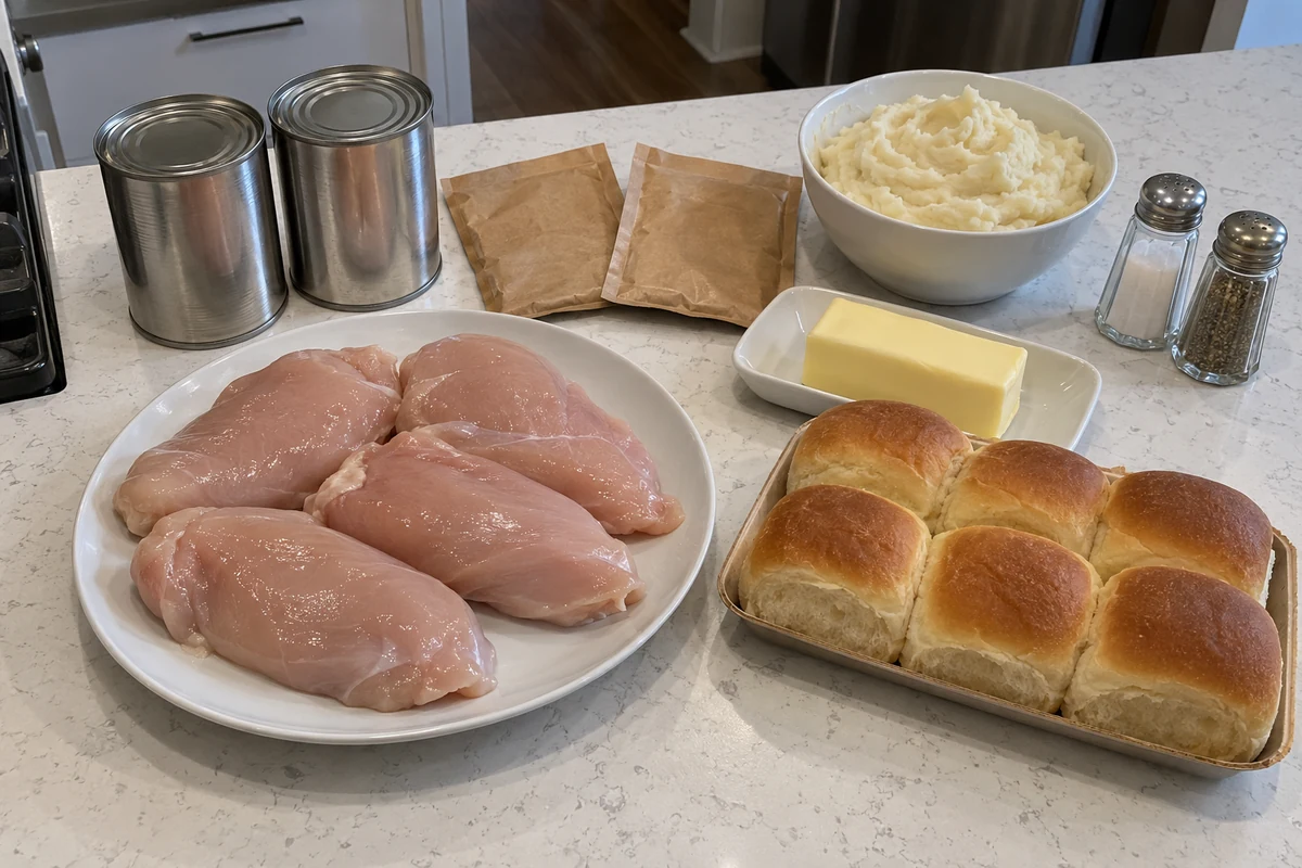 Ingredients for crockpot chicken and gravy: chicken breasts, cream of chicken soup, gravy mix, mashed potatoes, sweet rolls, butter, salt and pepper