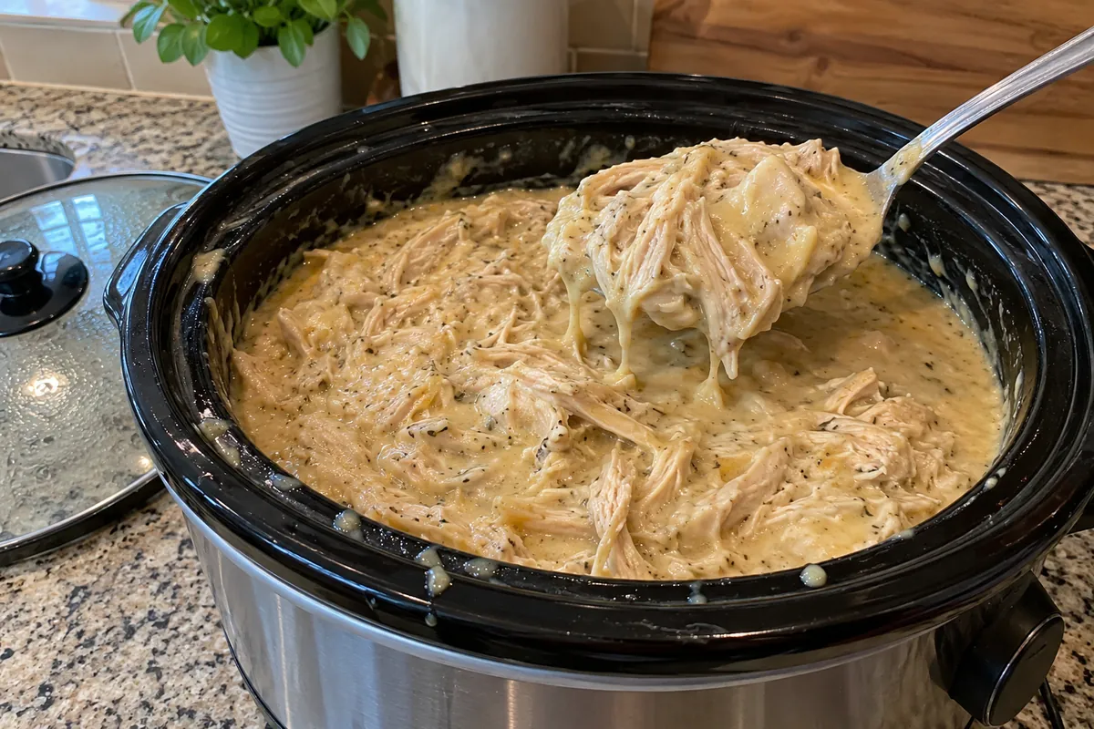 Slow cooker filled with shredded chicken in creamy gravy with a serving spoon