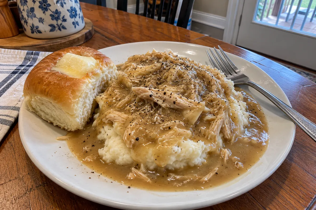 Plate of crockpot chicken and gravy over roasted garlic mashed potatoes with black pepper and a sweet dinner roll