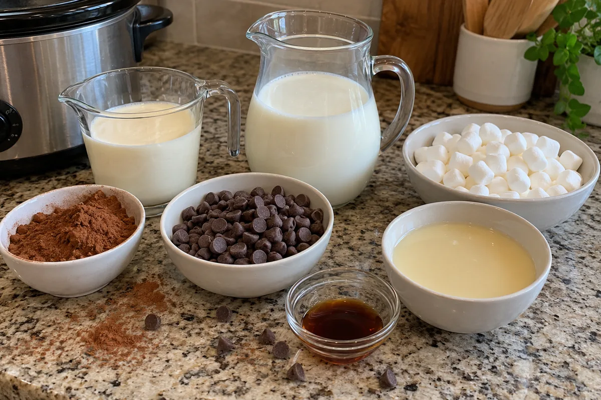 Ingredients for crockpot hot chocolate on a kitchen counter in plain bowls: heavy cream, cocoa powder, milk, condensed milk, vanilla, chocolate chips and mini marshmallows