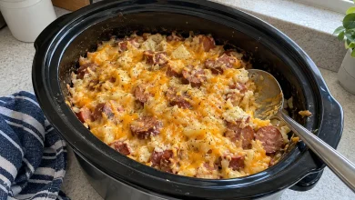 Crockpot kielbasa and hash brown casserole with melted cheddar in a slow cooker