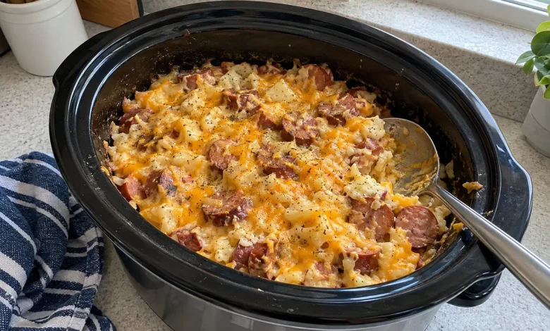 Crockpot kielbasa and hash brown casserole with melted cheddar in a slow cooker