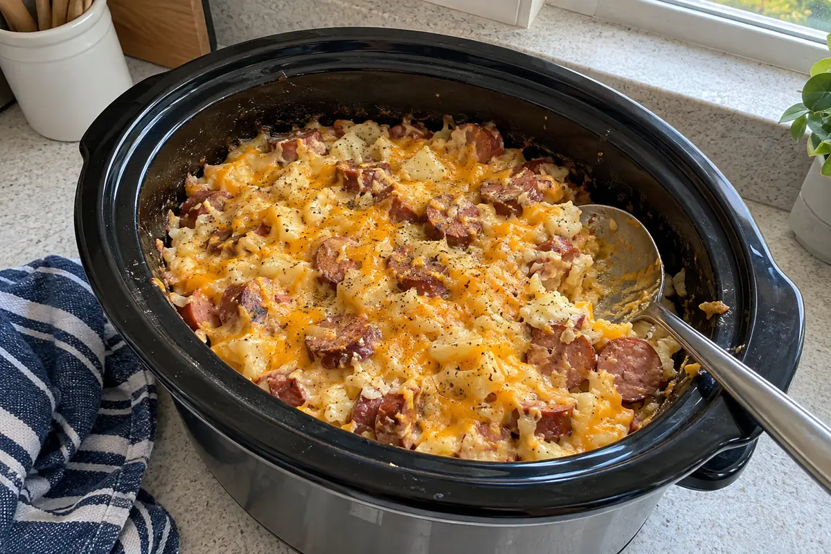Crockpot kielbasa and hash brown casserole with melted cheddar in a slow cooker