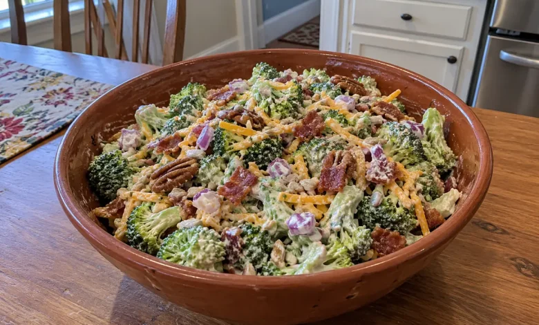 Terracotta-brown ceramic bowl of creamy crunchy broccoli salad with red onion, shredded cheddar, bacon bits and seeds on a home kitchen table