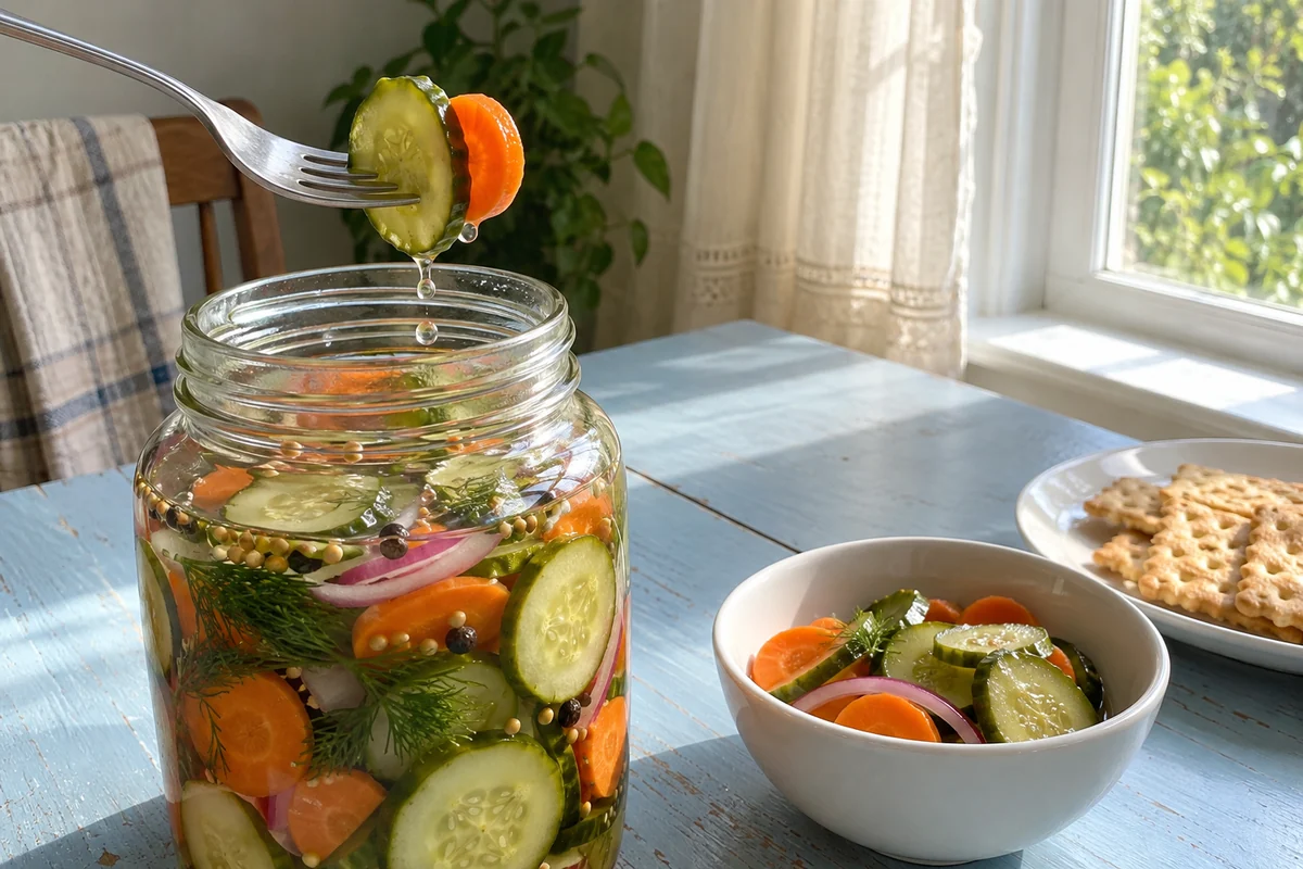 A fork lifting a crisp pickled cucumber slice and carrot coin from a jar of refrigerator pickled vegetables