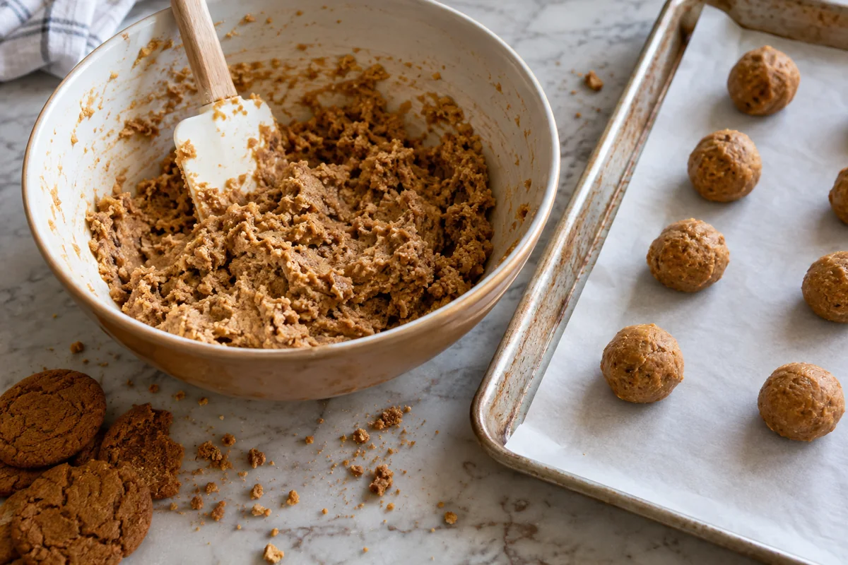 Crushed gingersnap cookies mixed with cream cheese in a bowl beside rolled dough balls on parchment paper