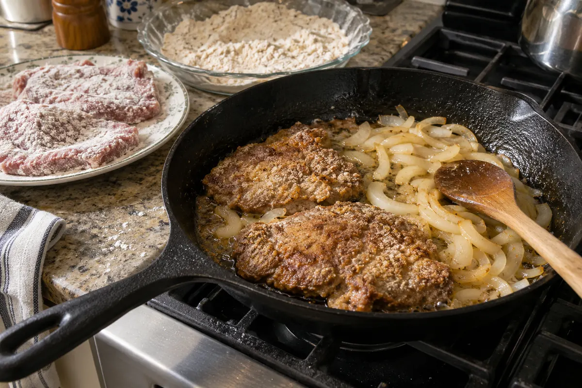 Floured cubed steaks searing in a cast-iron skillet before simmering in onion gravy