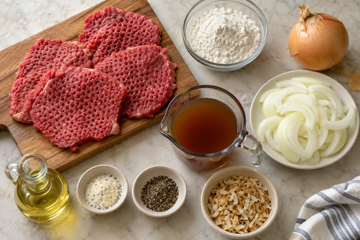 Ingredients for cubed steak with onion gravy laid out on a counter: cubed steak, flour, onion, beef broth, garlic salt, pepper and oil