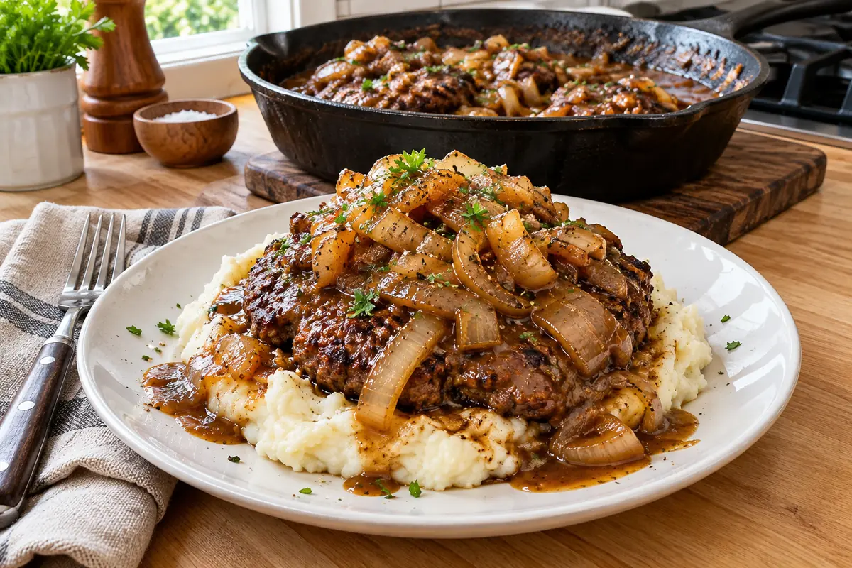 Cubed steak with onion gravy served over mashed potatoes with a cast-iron skillet in the background