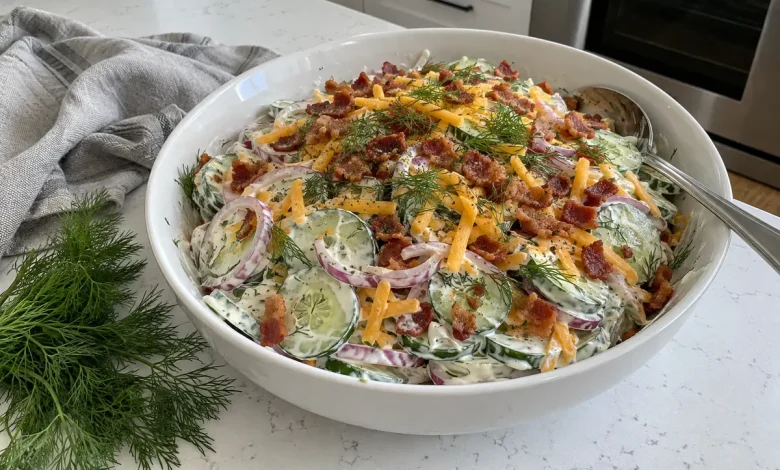 Cucumber ranch salad with crispy bacon, shredded cheddar and fresh dill in a serving bowl