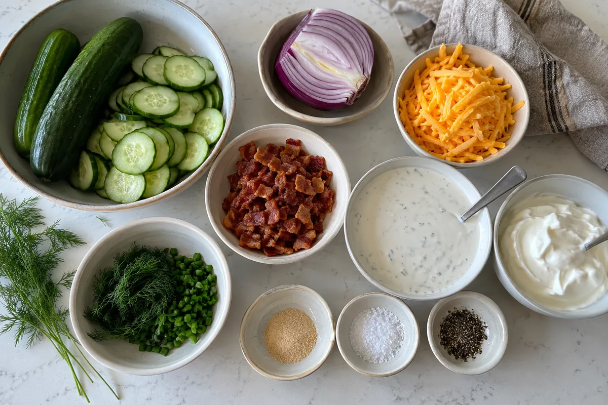 Ingredients for cucumber ranch salad: cucumbers, red onion, cheddar, bacon, ranch dressing, sour cream, dill, chives and seasonings
