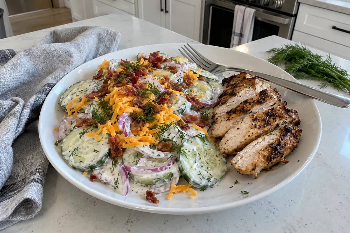 A serving of creamy cucumber ranch salad on a plate next to grilled chicken