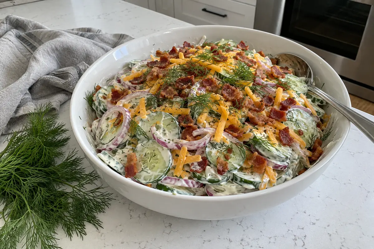 Cucumber ranch salad with crispy bacon, shredded cheddar and fresh dill in a serving bowl