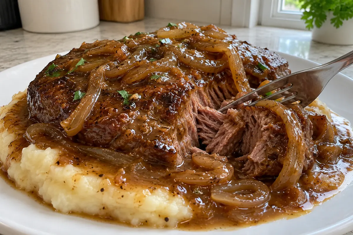 Close-up of a fork cutting into tender cubed steak smothered in onion gravy