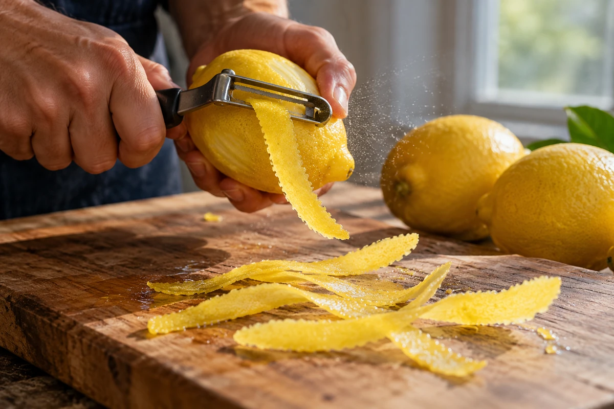 Long strips of lemon peel being cut with a vegetable peeler from a lemon over a cutting board, with no white pith