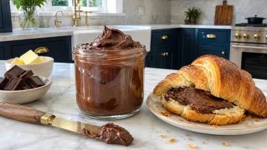 Dark chocolate butter in a glass jar with a knife and a croissant spread with it