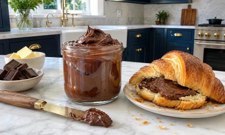 Dark chocolate butter in a glass jar with a knife and a croissant spread with it