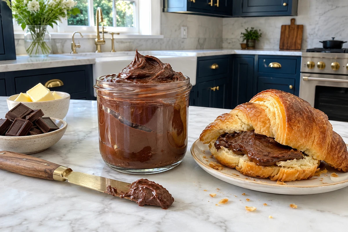 Dark chocolate butter in a glass jar with a knife and a croissant spread with it