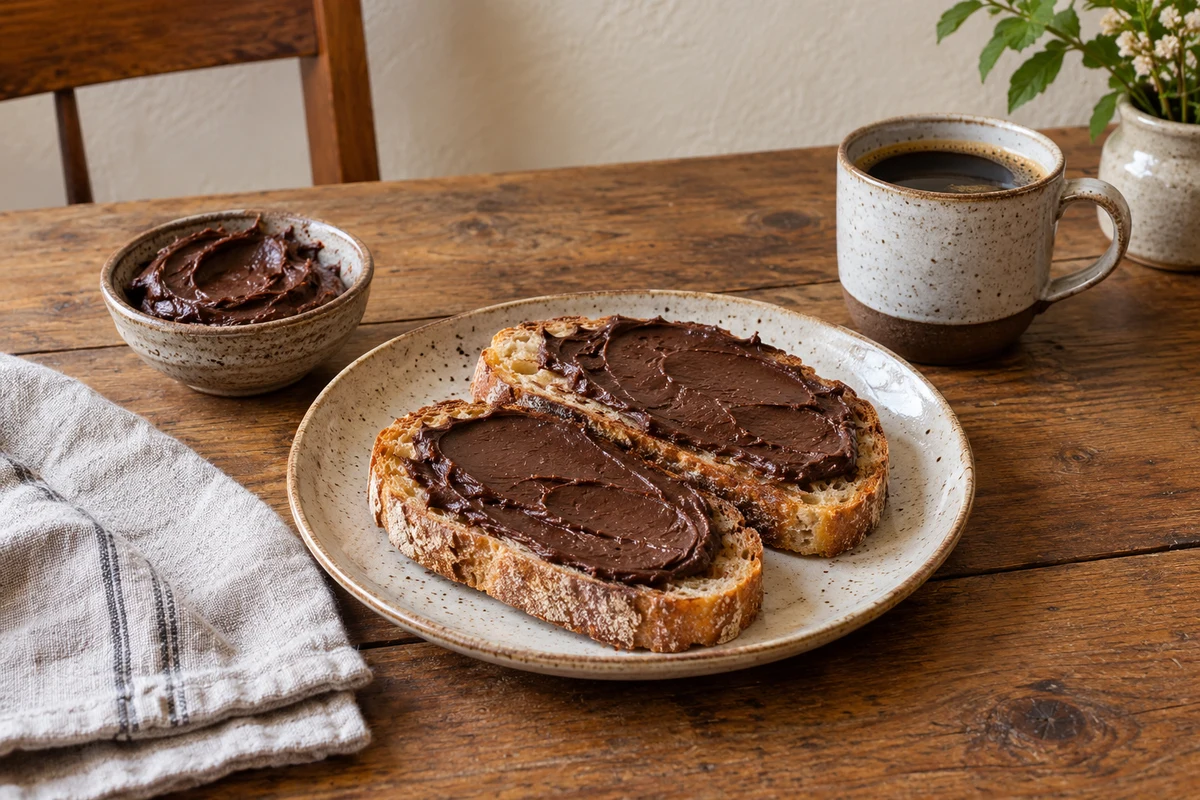 Dark chocolate butter spread on toast with coffee on a wooden table