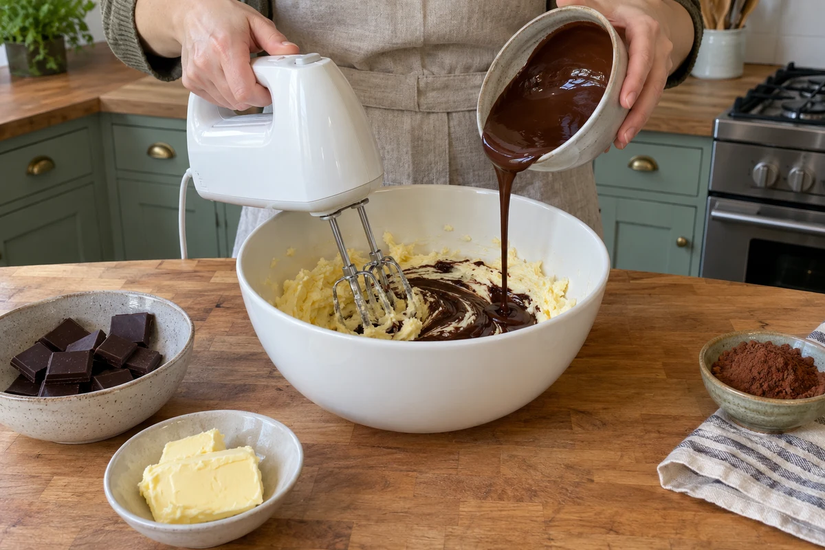 Melted dark chocolate pouring into whipped butter in a stand mixer