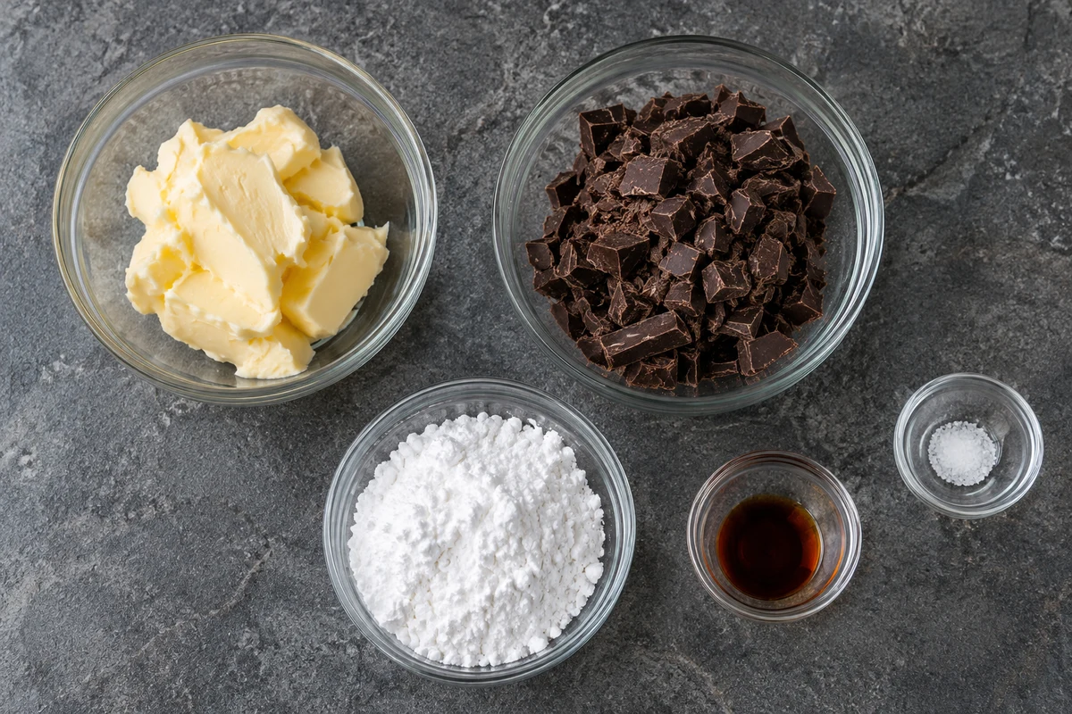 Overhead view of dark chocolate butter ingredients