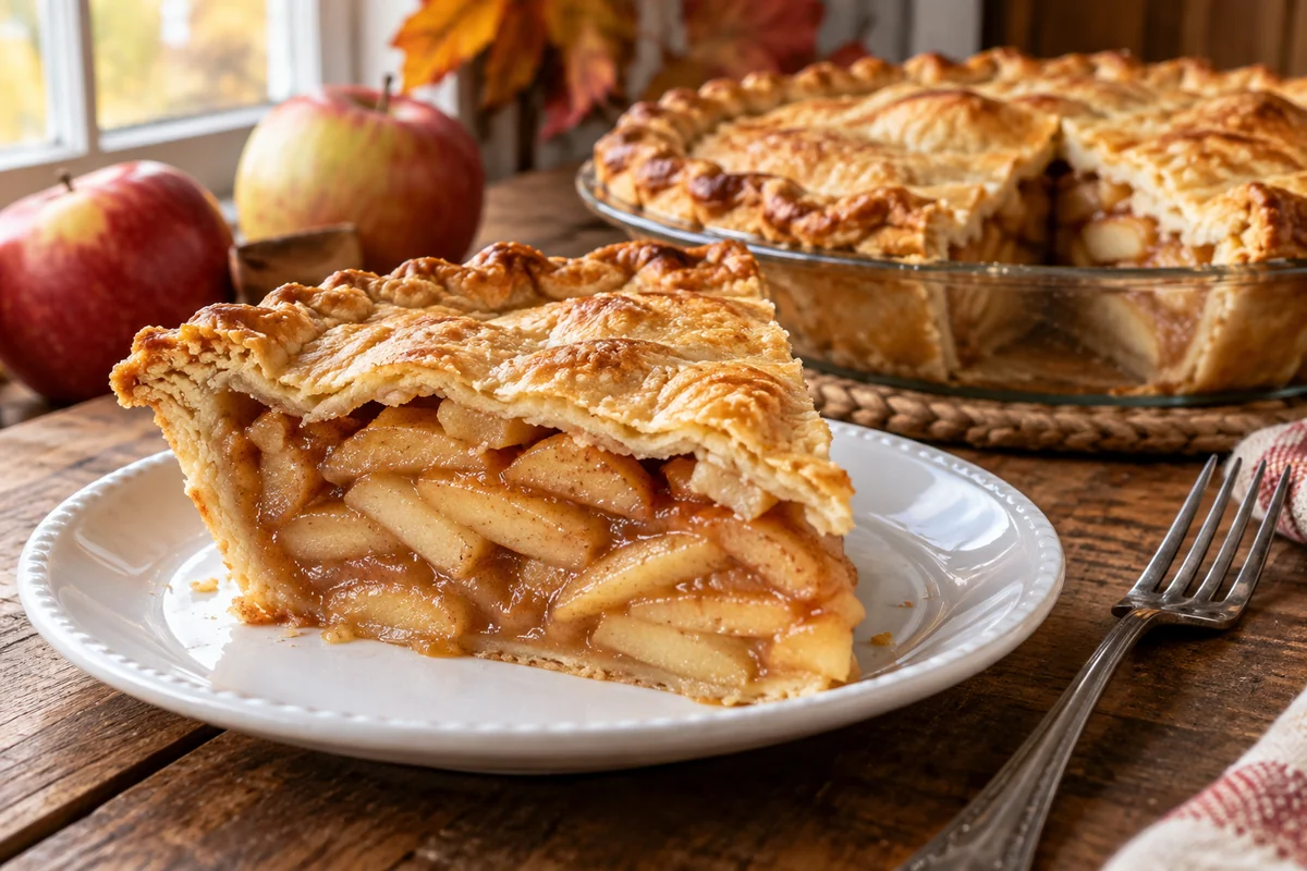 Slice of deep-dish apple pie with a flaky golden crust on a white plate
