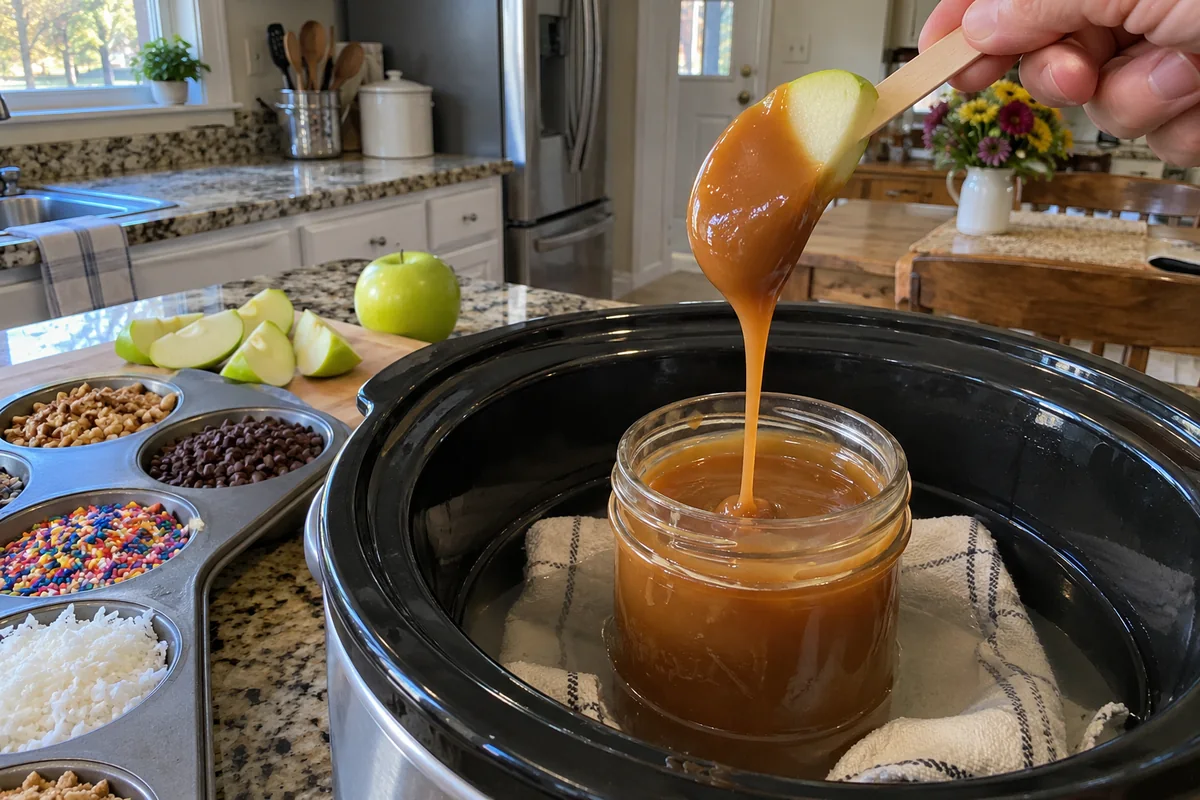 Dipping an apple slice on a stick into a mason jar of warm caramel