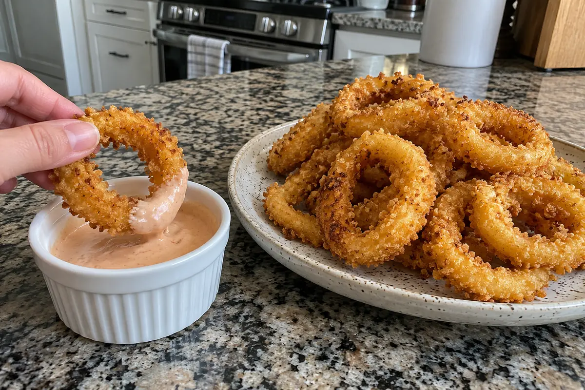 Dipping a crispy homemade onion ring into creamy pink sauce beside a plate of onion rings