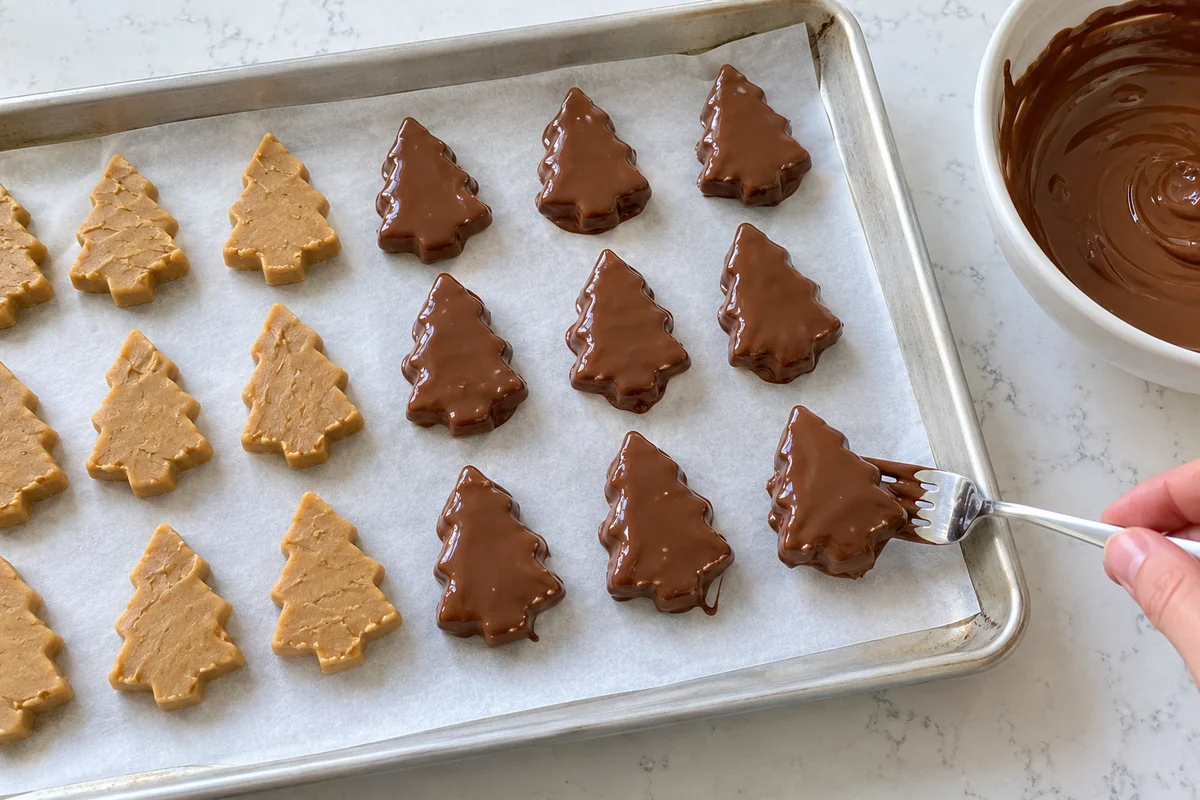 Dipping peanut butter Christmas trees in melted milk chocolate and setting them on parchment