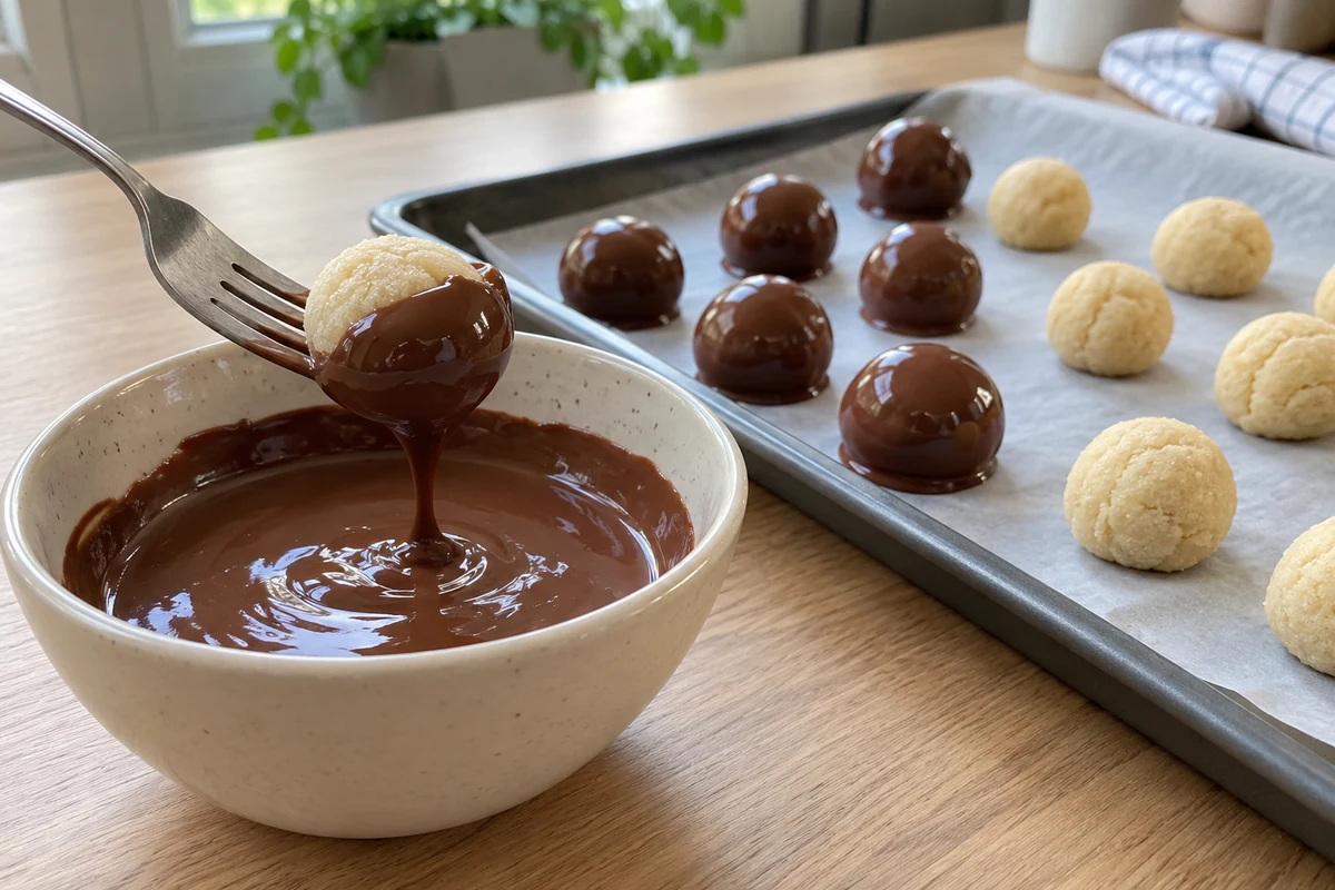 Dipping a peanut butter whiskey ball in melted milk chocolate with a fork