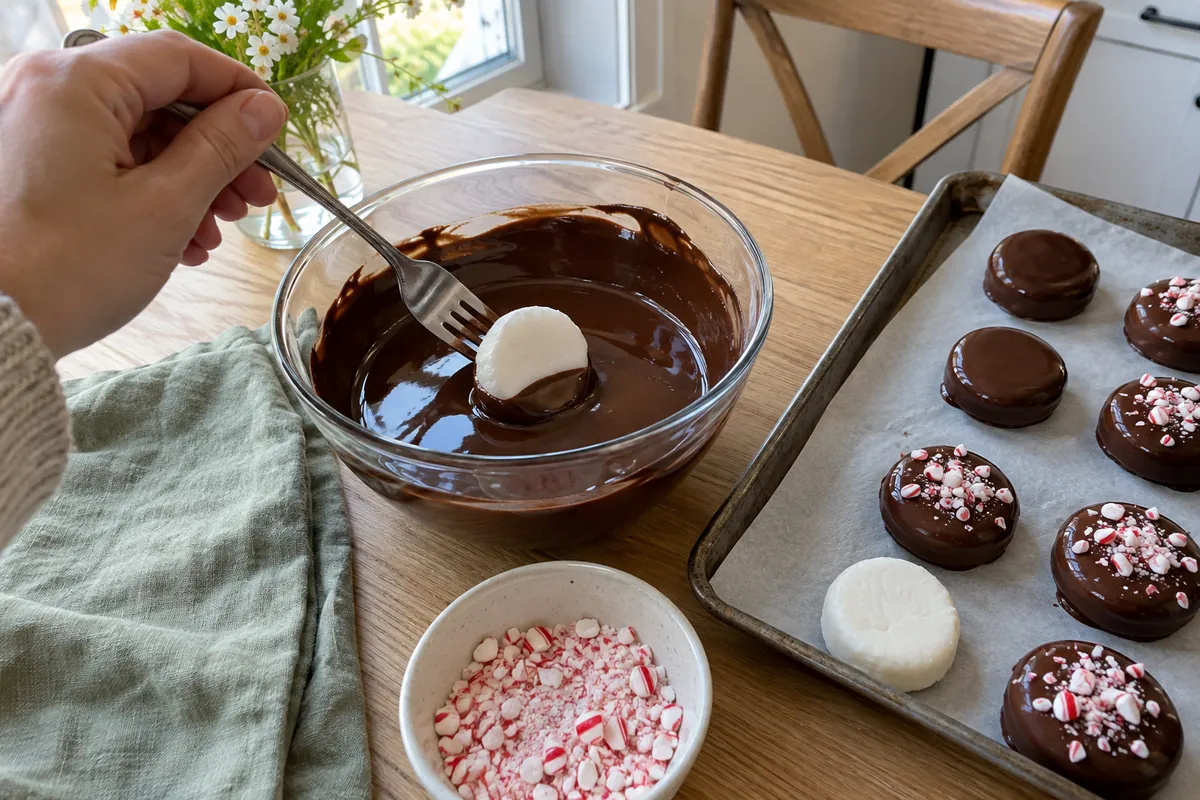 A fork dipping a white peppermint disc into melted chocolate coating in a glass bowl beside a parchment tray of dipped peppermint patties