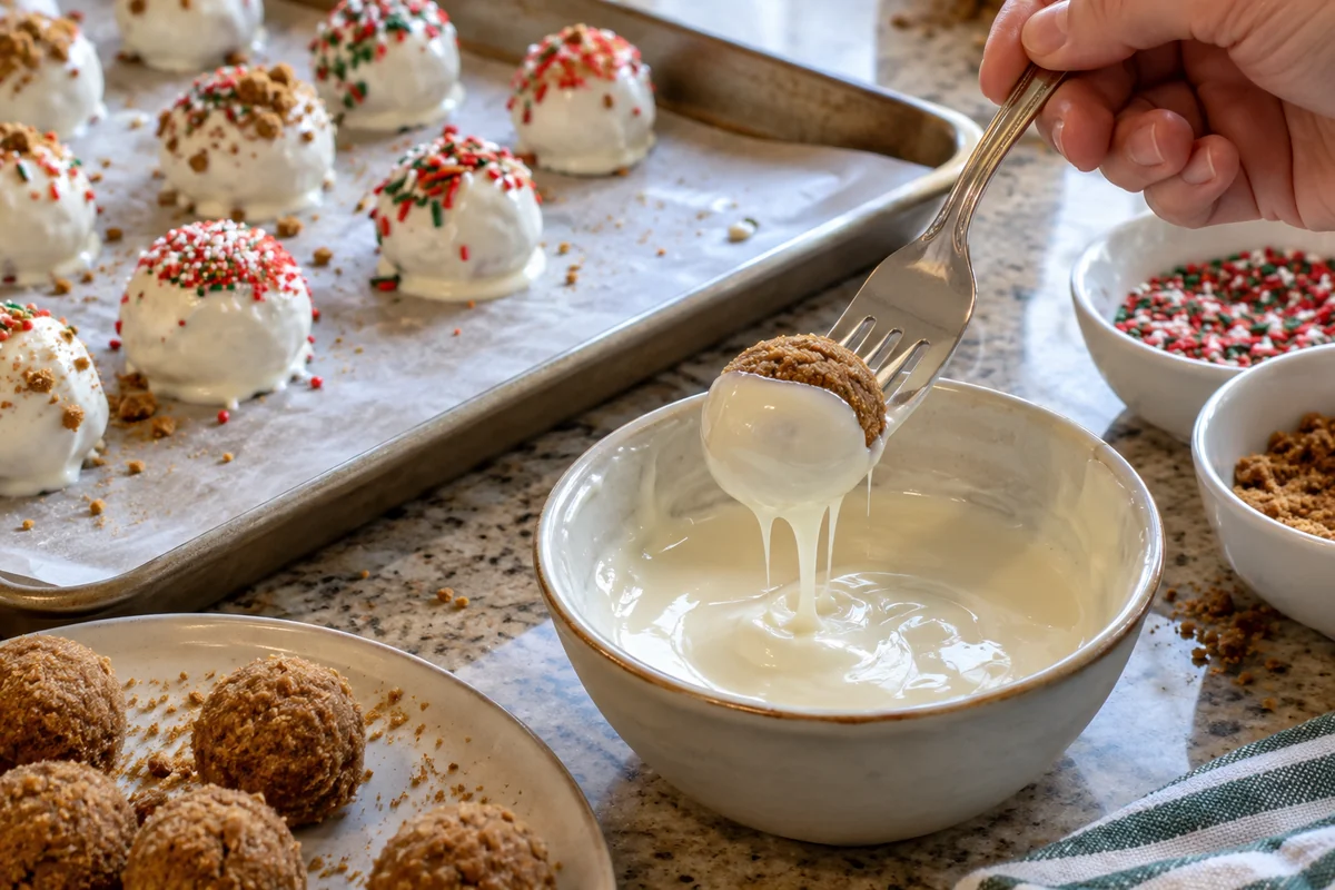 Gingerbread truffle ball being dipped in melted white coating with a fork over a bowl
