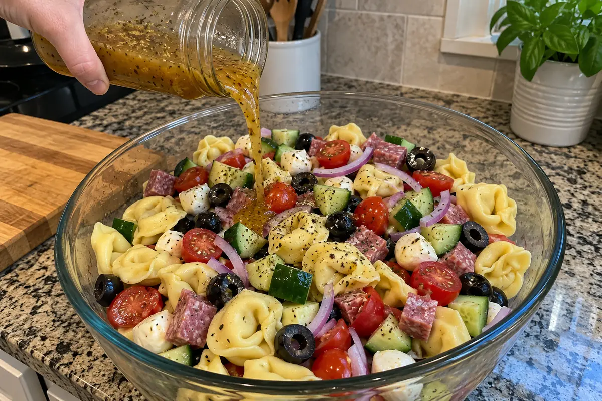 Pouring Italian dressing from a glass jar over Christmas tortellini salad in a large bowl