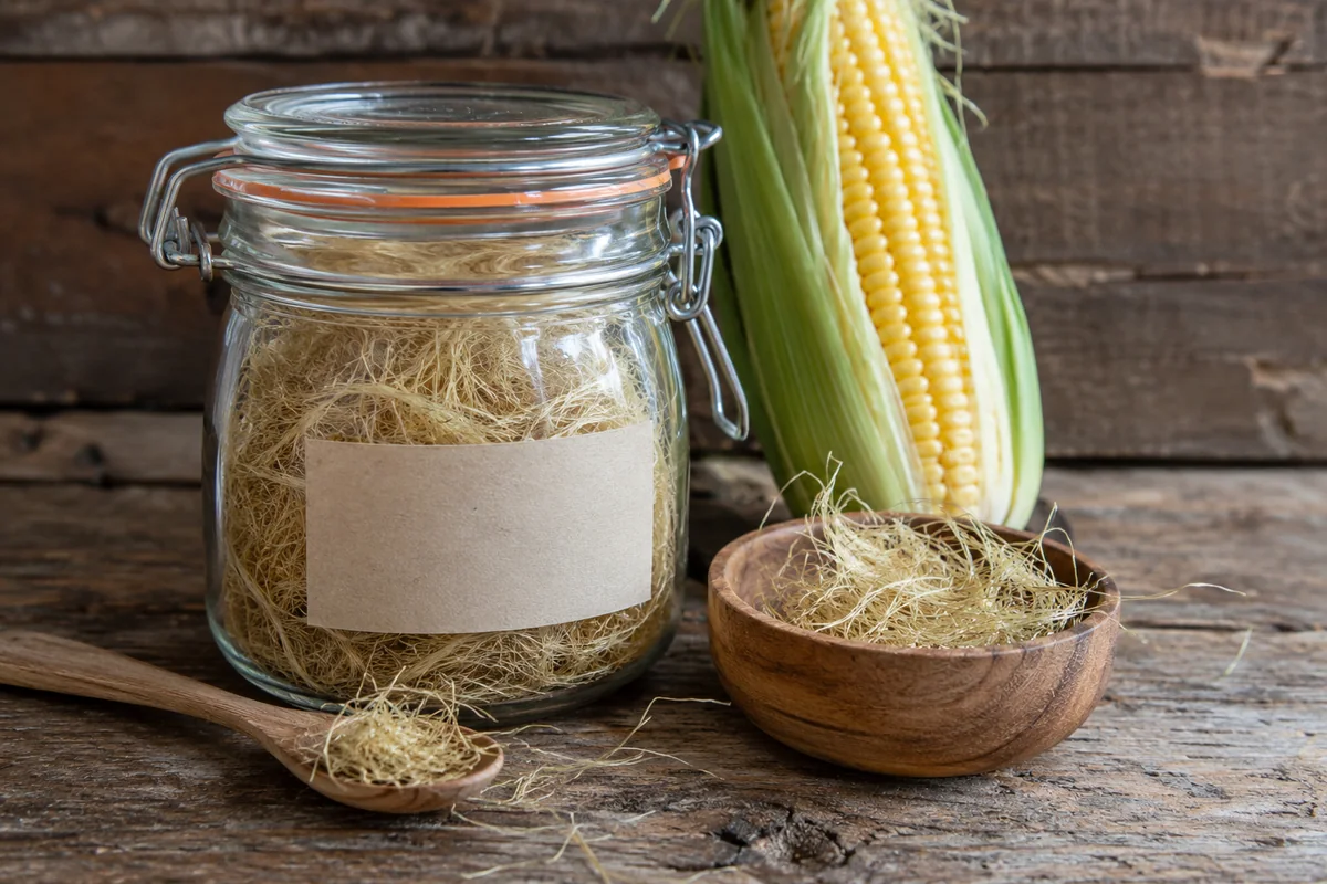 Glass clamp-lid jar of dried corn silk with a blank paper label, wooden bowl and spoon and a fresh corn ear behind