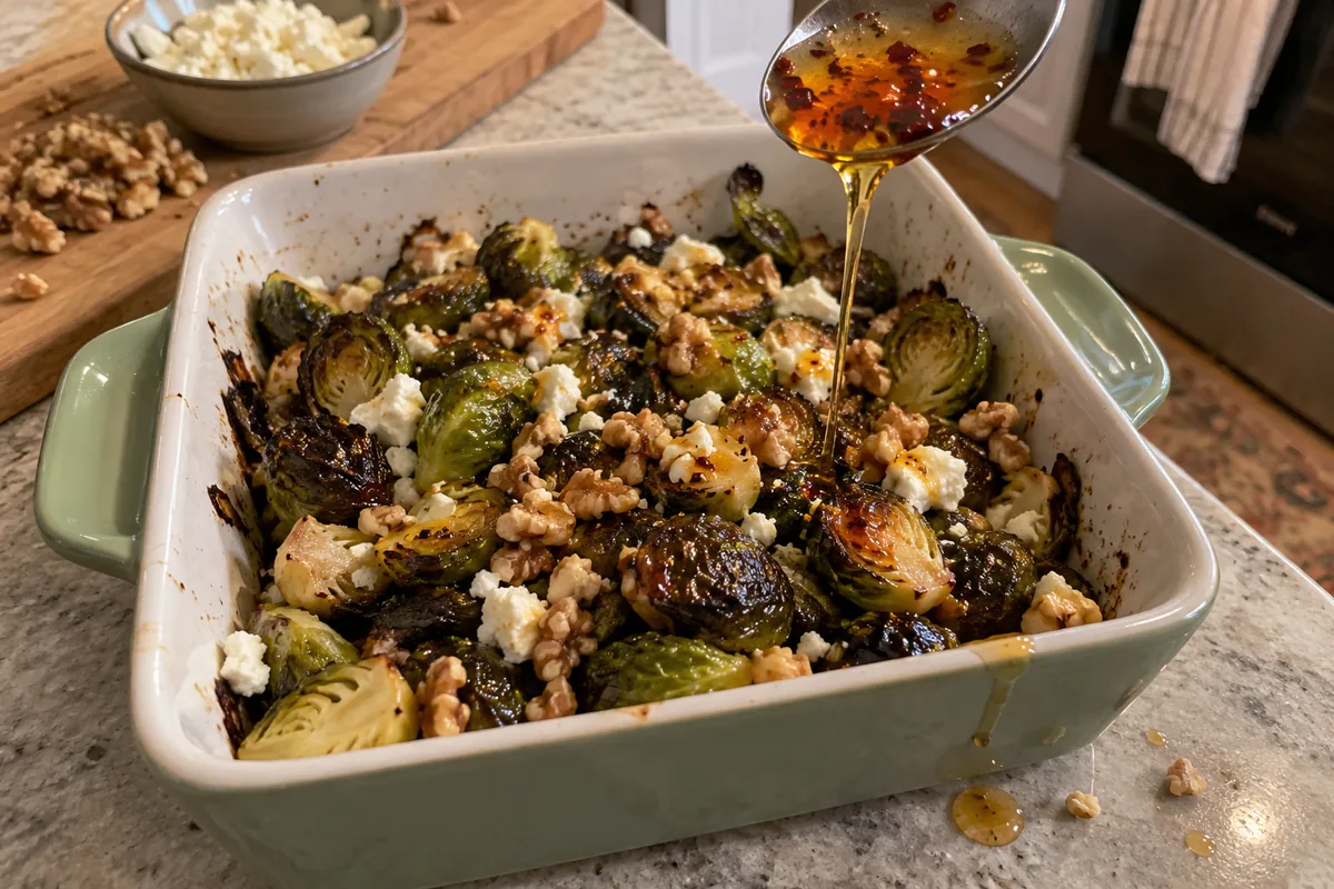 Hot honey being drizzled over brussels sprouts with crumbled feta and walnuts