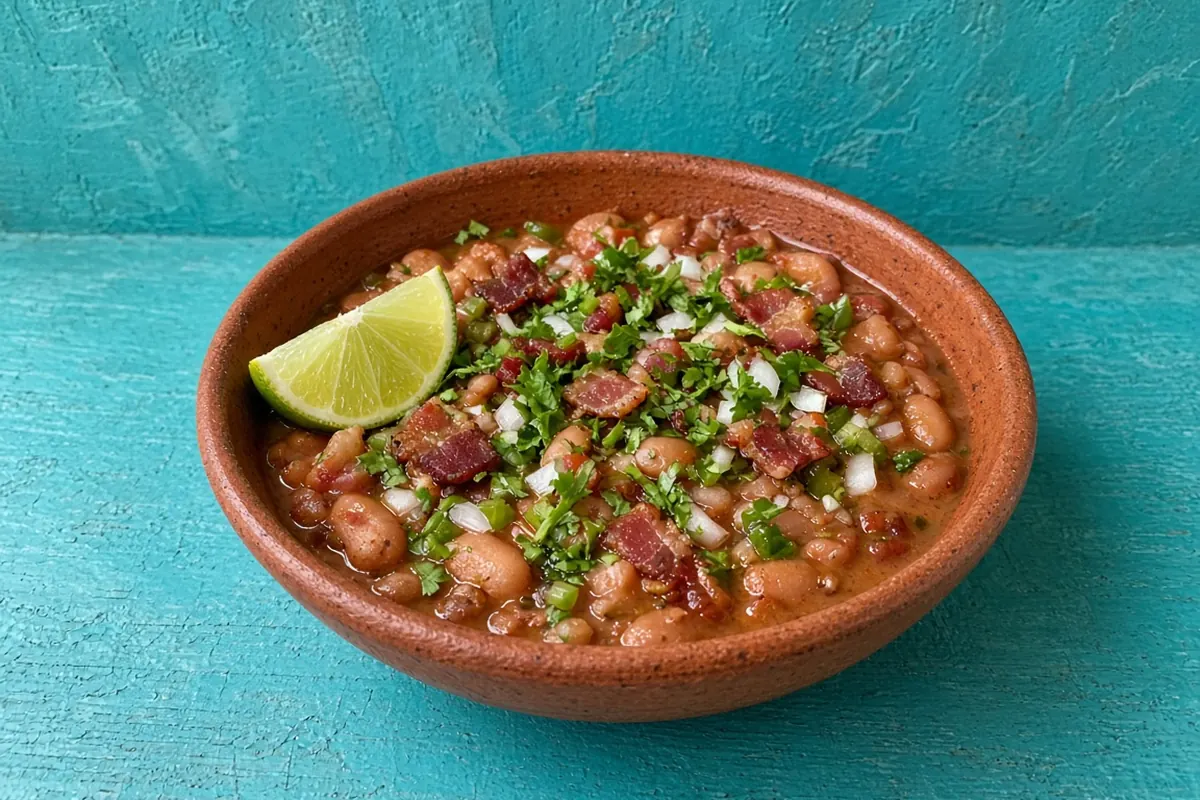 Drunken beans with crispy bacon, onion and cilantro in a terracotta clay bowl with a lime wedge