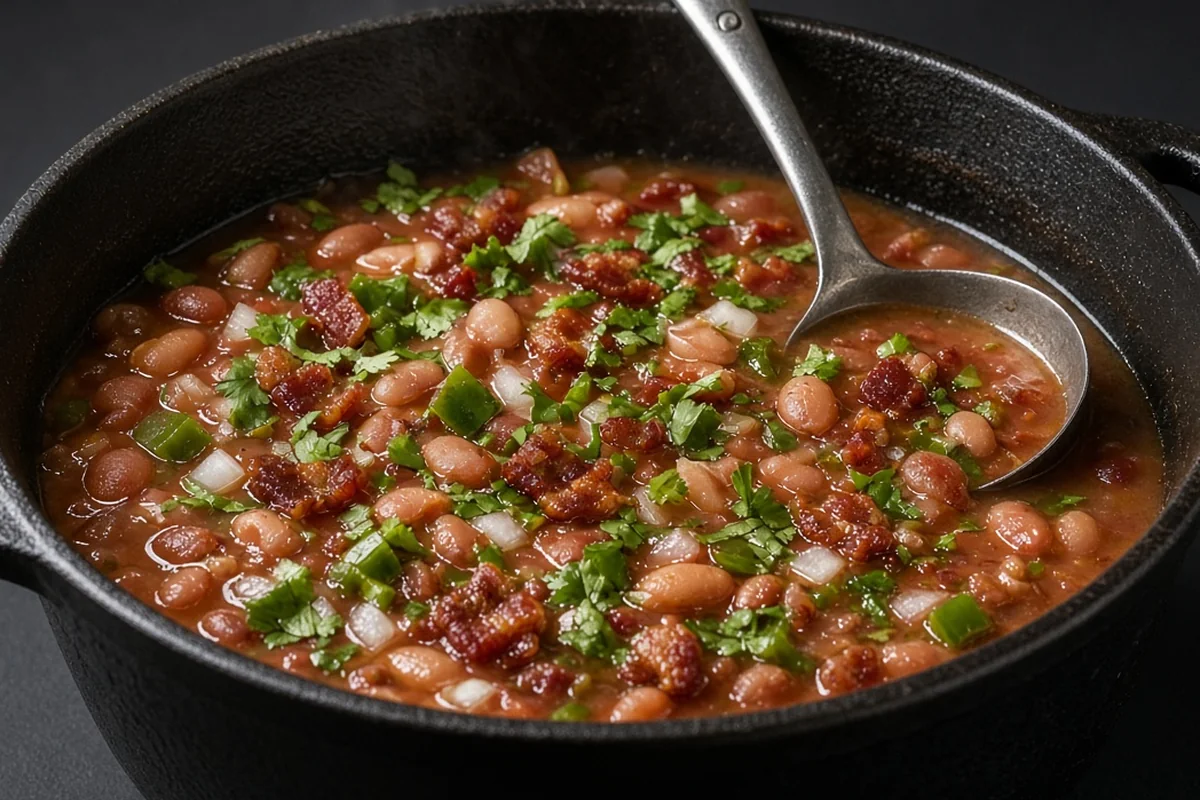 Frijoles borrachos simmered with bacon, jalapeno and cilantro in a black cast iron pot