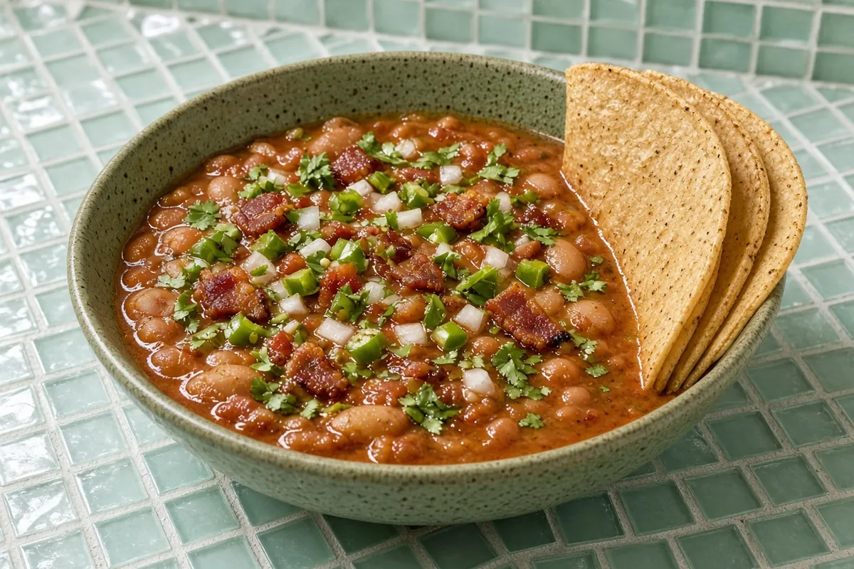 Bowl of Mexican drunken pinto beans with bacon and jalapeno served with tortillas