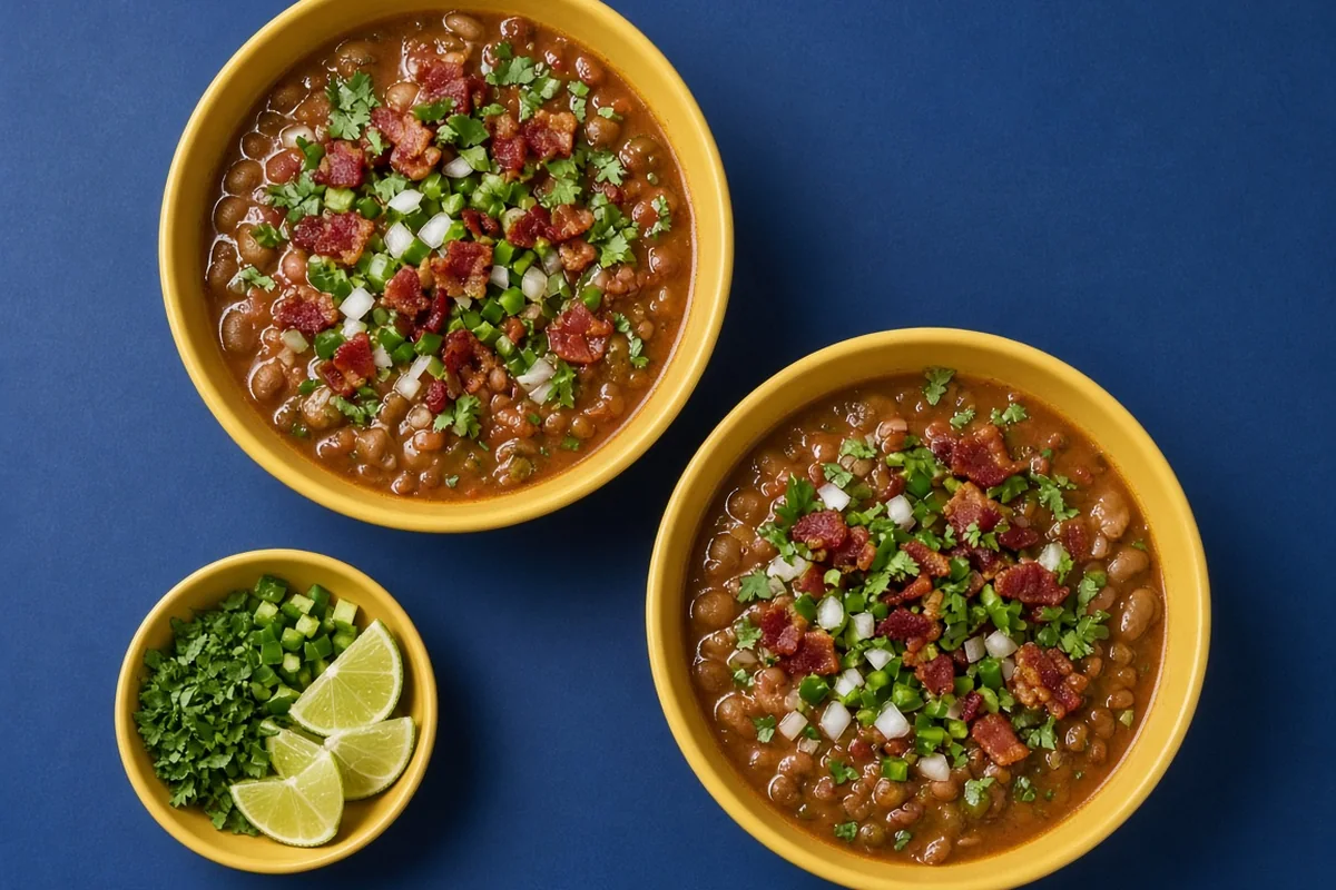 Overhead view of two bowls of drunken beans with cilantro, jalapeno and lime wedges