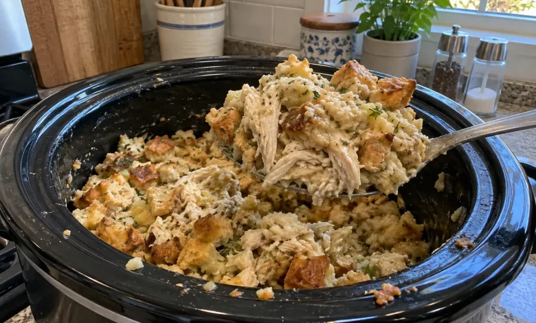 Serving spoon lifting golden herbed stuffing with shredded chicken out of a black slow cooker