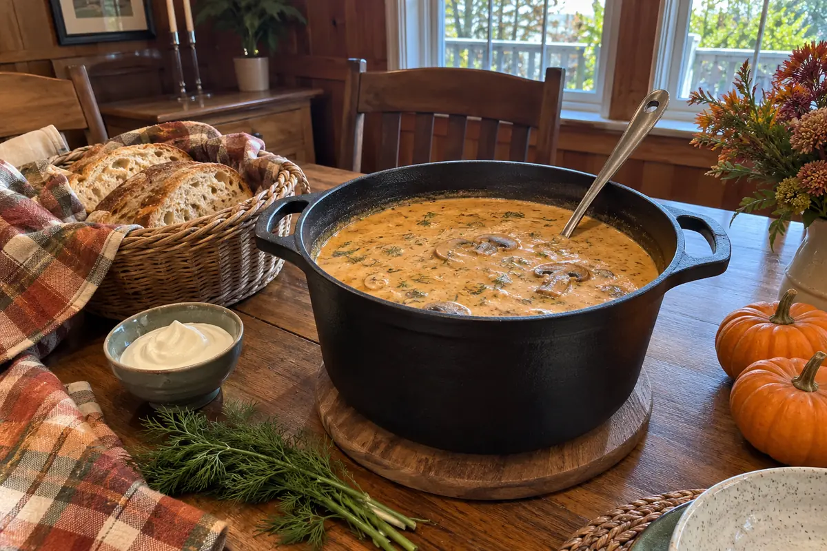 A cast-iron Dutch oven of Hungarian mushroom soup on a wooden trivet with a ladle, bread basket, dill and small pumpkins on a dining table