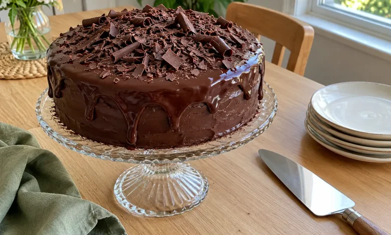 Easy blender chocolate cake with glossy chocolate ganache and chocolate shavings on a glass cake stand