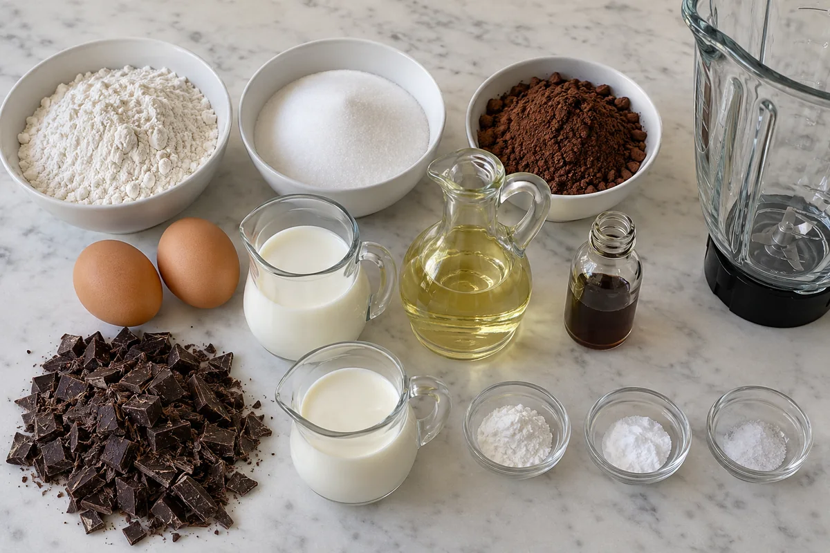 Ingredients for blender chocolate cake: flour, sugar, cocoa powder, eggs, milk, vegetable oil, vanilla, baking powder, baking soda, salt, chocolate and heavy cream