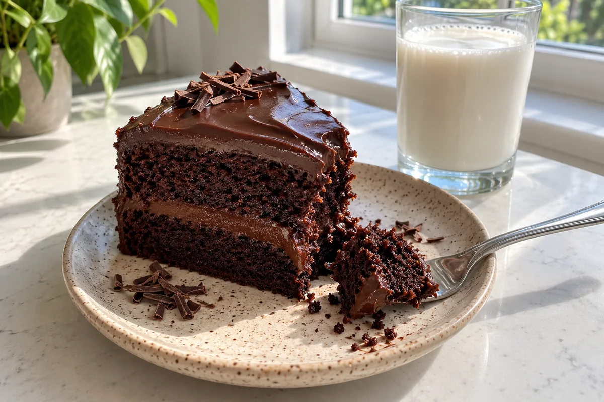 A slice of easy blender chocolate cake with ganache on a speckled plate with a fork and a glass of milk