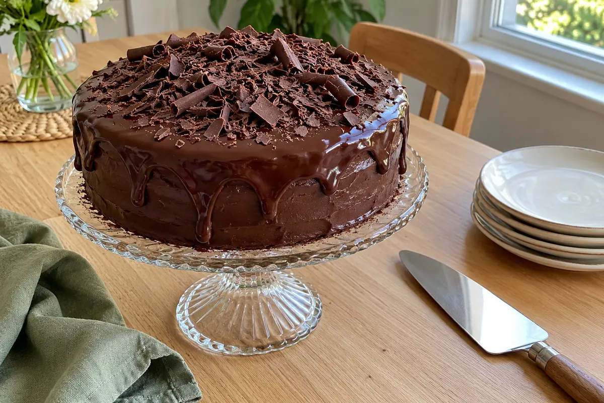 Easy blender chocolate cake with glossy chocolate ganache and chocolate shavings on a glass cake stand
