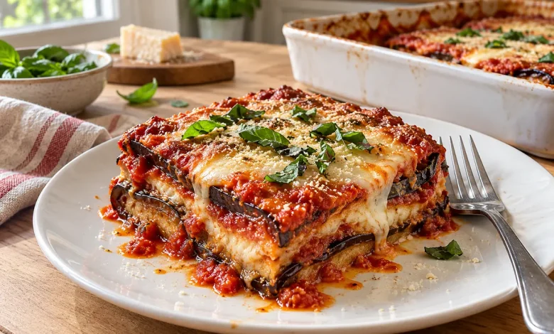 A square portion of eggplant parmigiana on a white plate showing layers of eggplant, tomato sauce and melted mozzarella